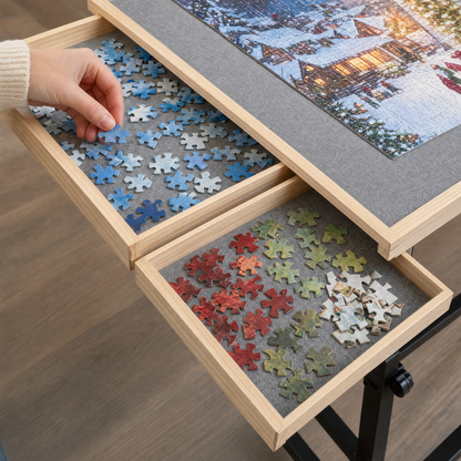 Rolling Puzzle Table with Tilt, Drawers & Cover
