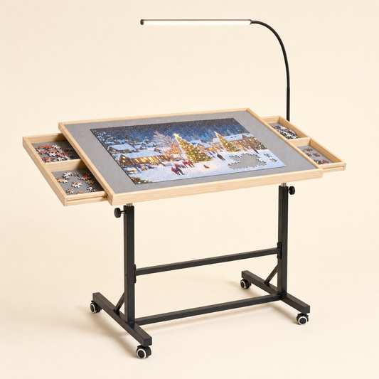 Rolling Puzzle Table with Tilt, Drawers & Cover