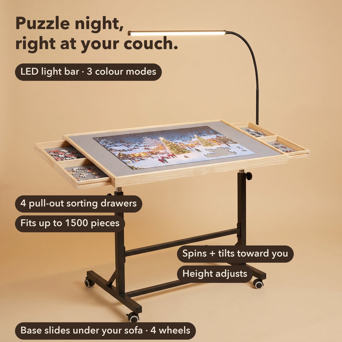 Rolling Puzzle Table with Tilt, Drawers & Cover
