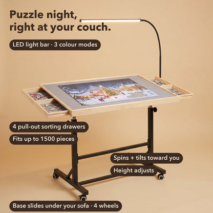 Rolling Puzzle Table with Tilt, Drawers & Cover