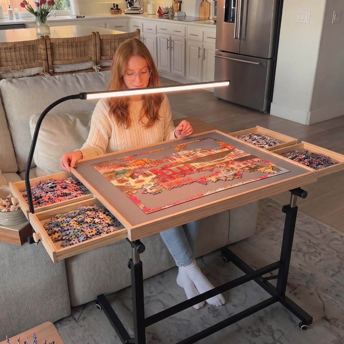 Rolling Puzzle Table with Tilt, Drawers & Cover